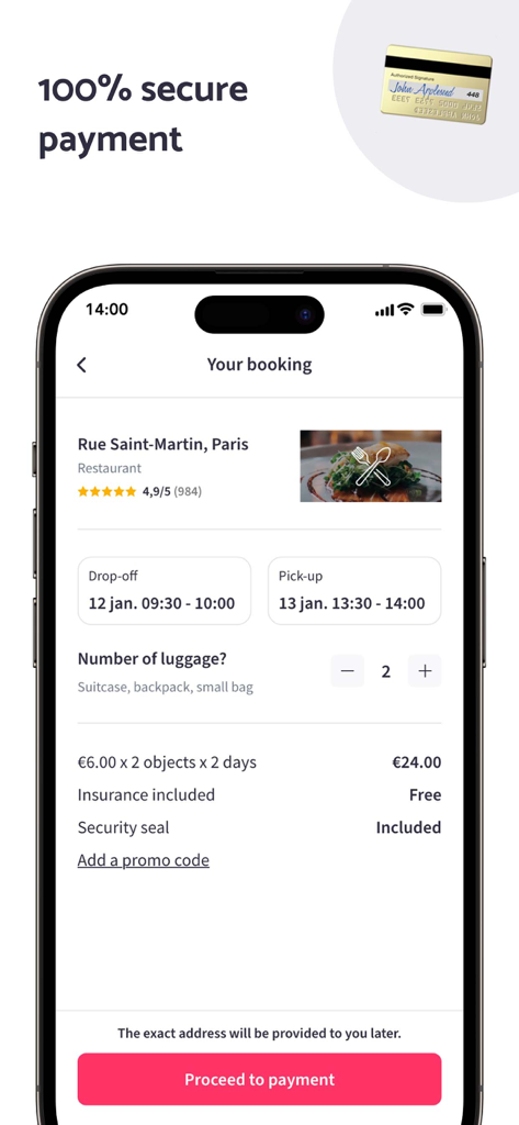 Nannybag - Luggage Storage - 낸니백 앱 예약 요약 화면, 파리의 짐 보관 세부 정보, 요금 및 보안 결제 버튼 표시