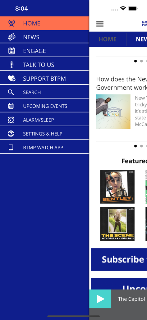 Side navigation menu and home screen of the BTPM Listen mobile app