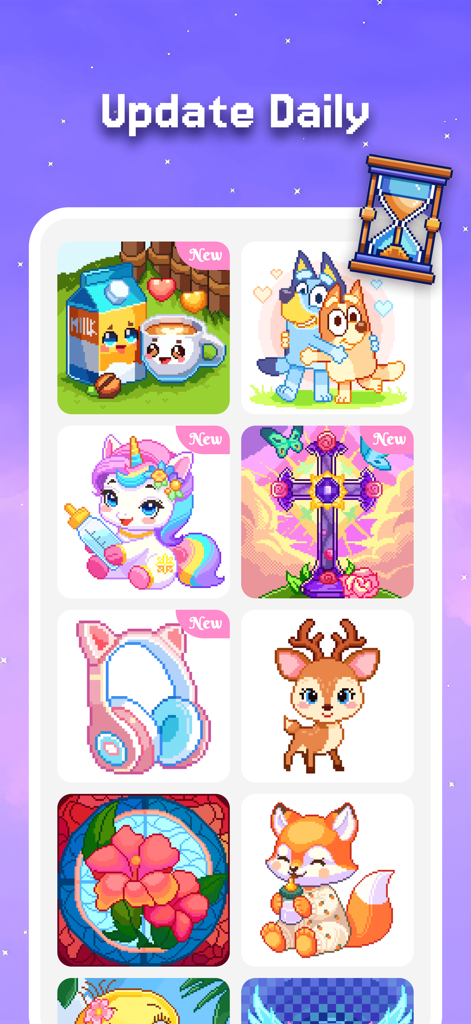 Pixel Coloring-Color by number - Una galería de nuevos diseños pixelados en la aplicación Pixel Coloring que incluye un zorro, un unicornio y un ciervo