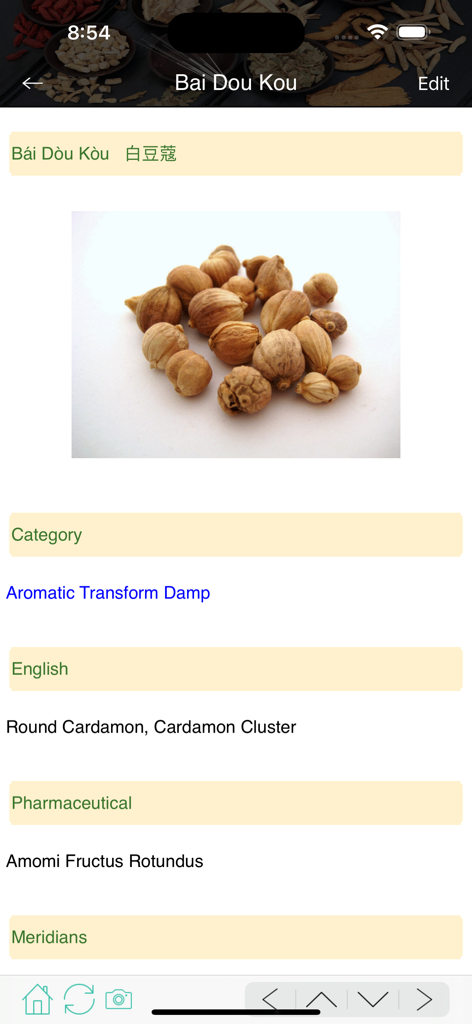 Herb profile for Bai Dou Kou showing image and clinical category in TCM Clinic Aid app