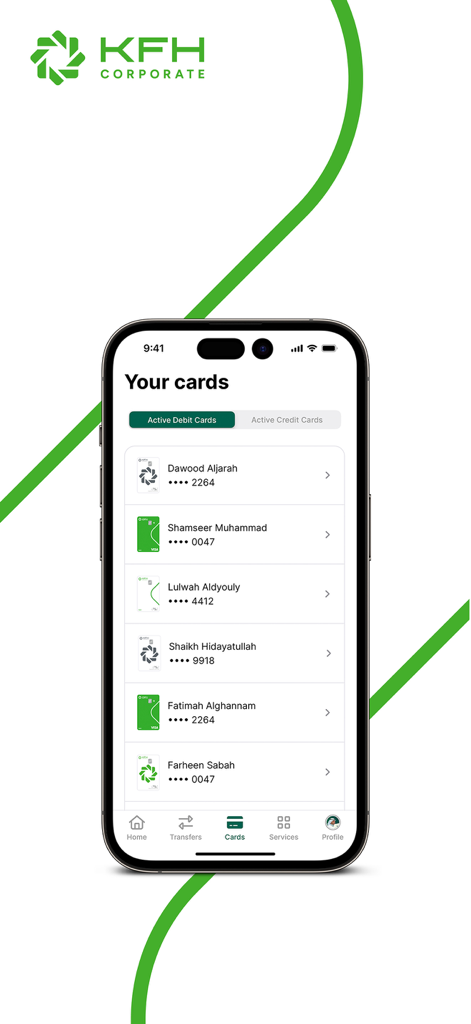 KFH Corporate - KFH Corporate mobile app interface displaying a list of active corporate debit cards for different account holders.
