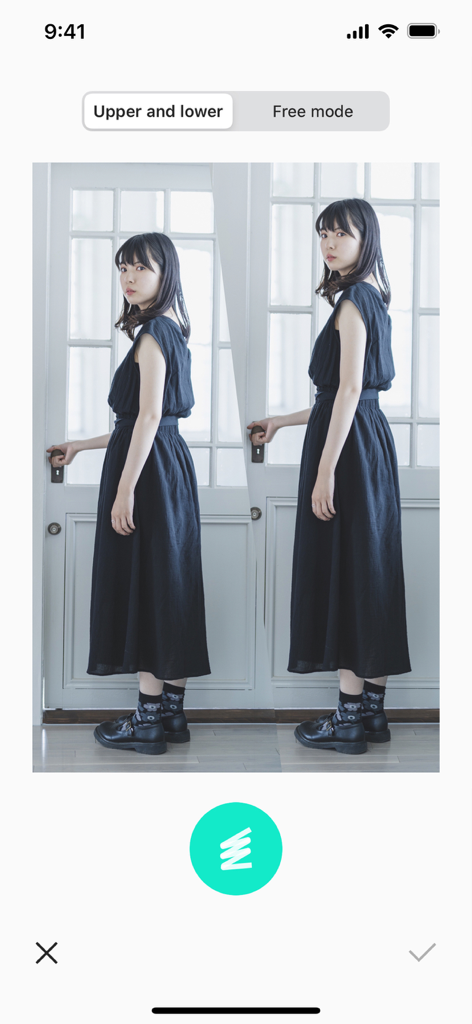 A before and after side-by-side comparison of a woman using the height stretching tool in the Spring body editor app