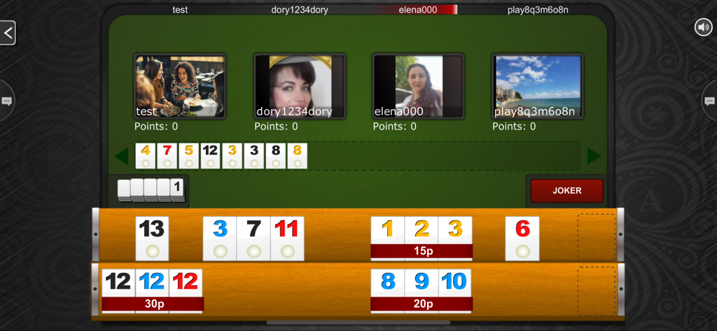 Rummy 45 - Remi Etalat - A screenshot of an online multiplayer game of Rummy 45 featuring four players and tile sequences.