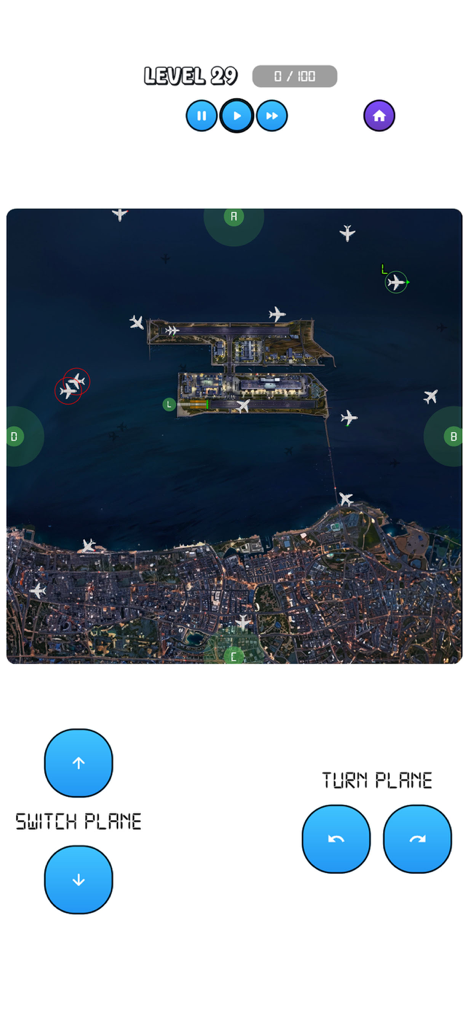 Top down view of an airport island at night with airplanes and control buttons in the Air Traffic Control game
