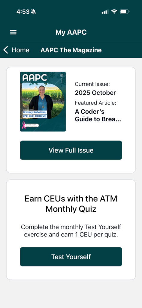 My AAPC - Screenshot of My AAPC app magazine section and monthly CEU quiz feature