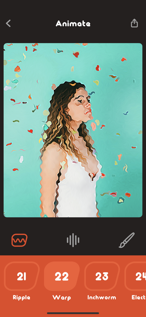 왜곡 애니메이션 효과와 스타일 선택 메뉴가 있는 여성 초상화를 보여주는 Animatix 앱 인터페이스