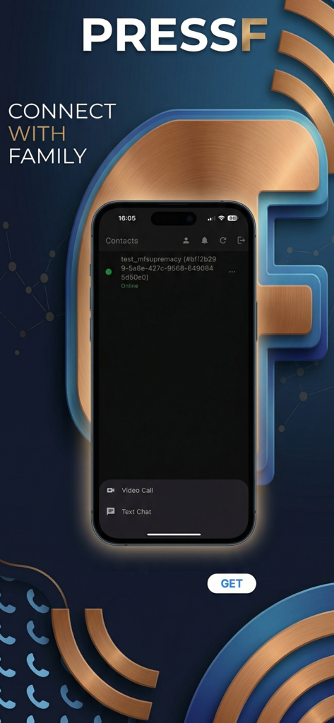 PressF: p2p video call & chat - Un écran de smartphone affichant la liste de contacts de l'application PressF avec des boutons vidéo et de chat.