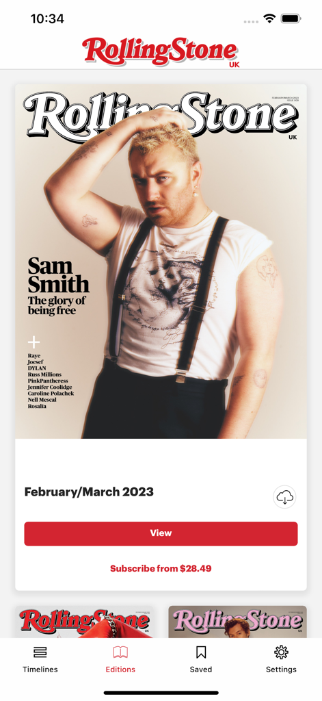 Rolling Stone UK - Schermata delle Edizioni dell'app Rolling Stone UK con in copertina Sam Smith.