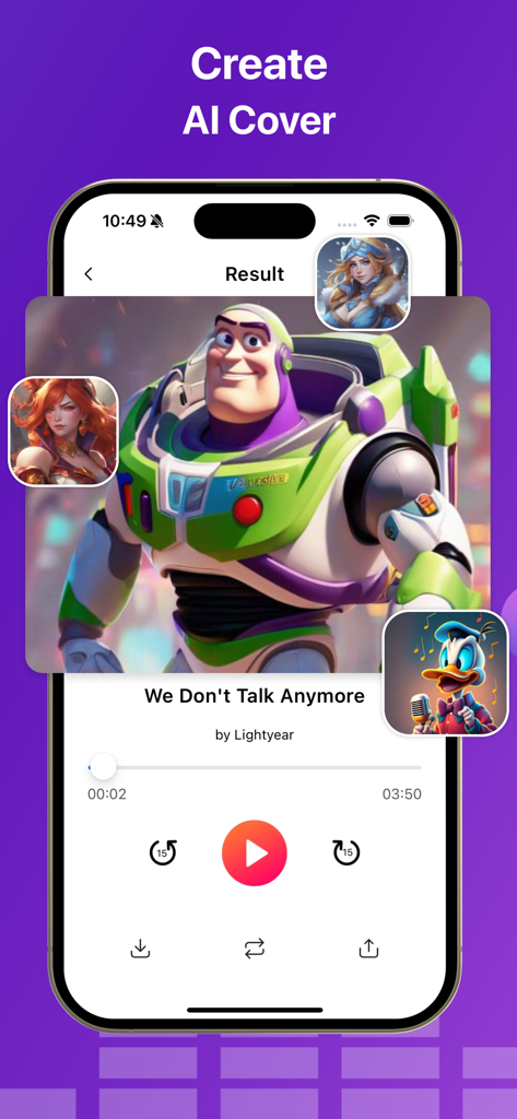 Interface do aplicativo AI Music Generator mostrando uma capa de música gerada por IA com um personagem estilizado inspirado em Buzz Lightyear.