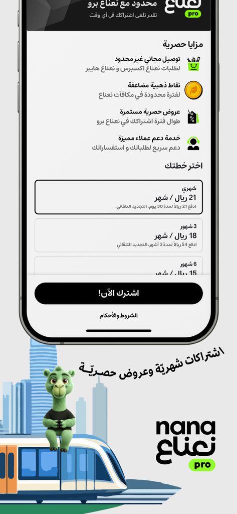 Nana نعناع - Page d'abonnement Nana Pro montrant les forfaits mensuels et les avantages d'adhésion pour la livraison de courses