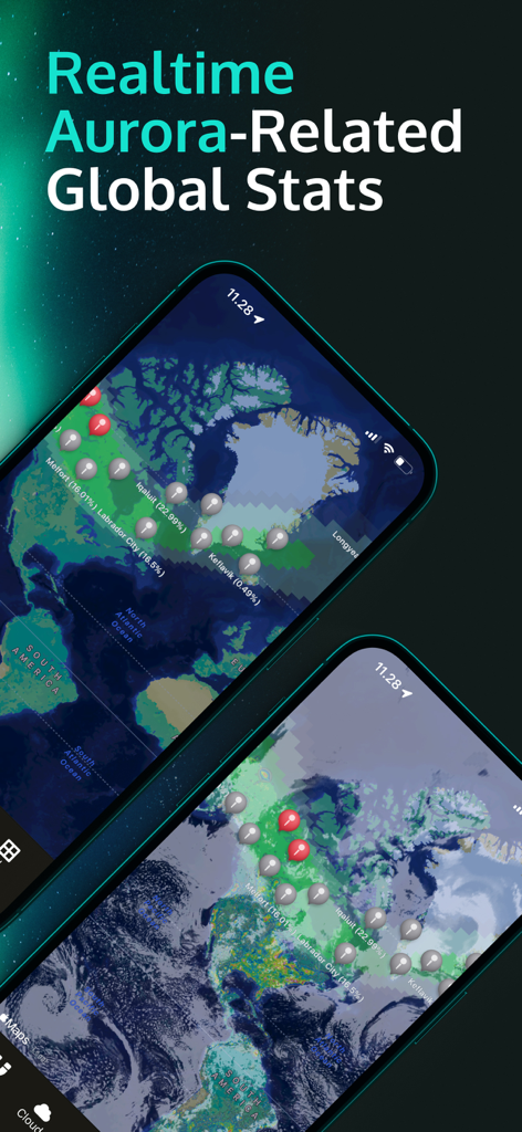 AuroraReach - AuroraReach app screens showing real-time aurora visibility and global statistics on world maps