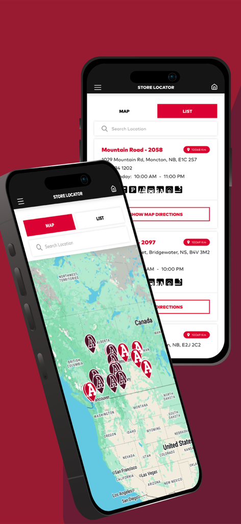 Arby's NON-US - Arby's app store locator interface showing a map of Canada with restaurant locations and a detailed list of nearby stores