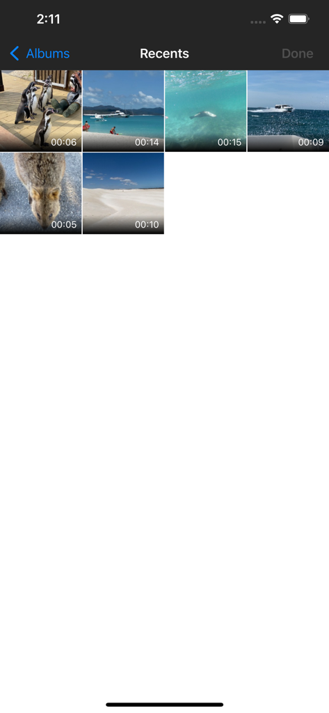 A video selection screen showing recent clips in the Video Compress app