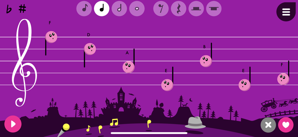 Music4Kids - Music4Kids app interface showing pink note characters on a musical staff with a purple background