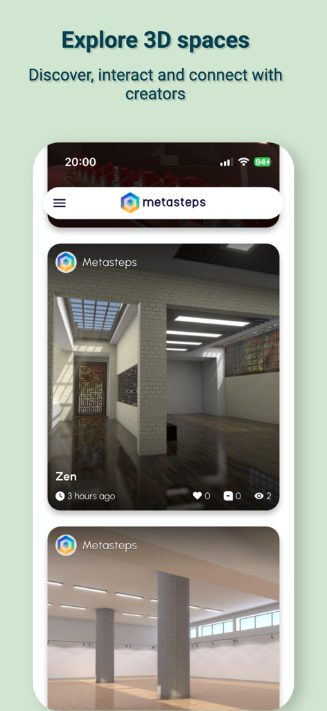 Metasteps - A mobile phone displaying the Metasteps app interface with a feed of 3D virtual environments to explore.
