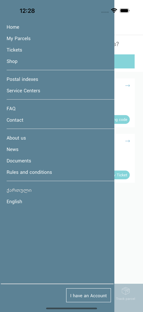 Georgian Post - Side menu of the Georgian Post mobile app showing navigation links like My Parcels, Postal indexes, and language settings.