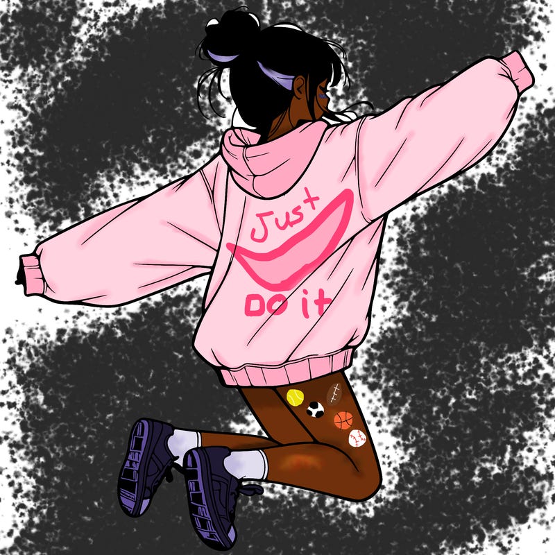realistic girl jumping with a bun and oversized sweatshirt