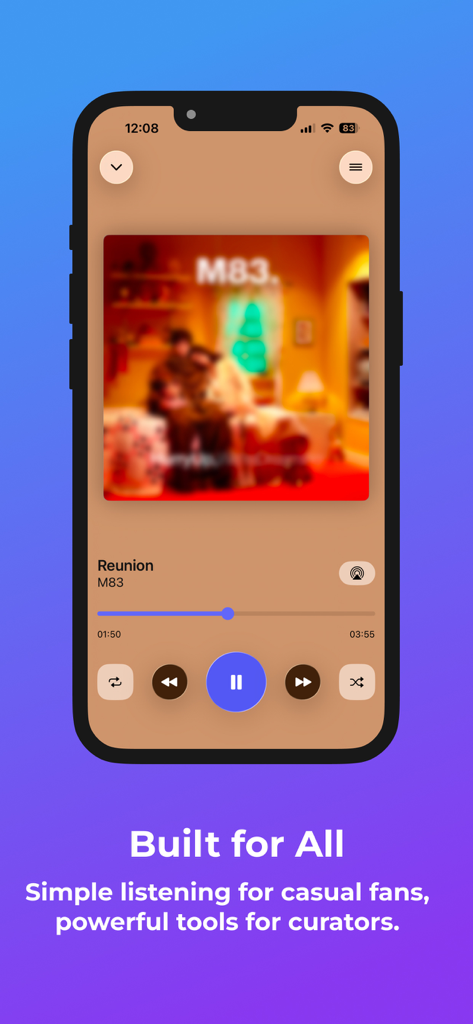 Pantalla de reproducción de Amuse Music Player en un iPhone con controles de reproducción y carátula del álbum