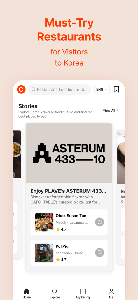 CATCH TABLE: Book Restaurants - Interface de l'application Catch Table montrant des recommandations de restaurants incontournables pour les visiteurs de Corée du Sud.
