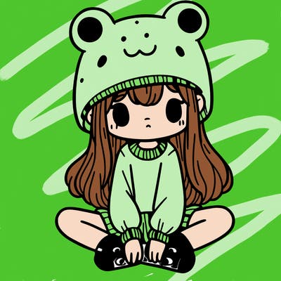 a girl wearing a frog hat and some frog socks