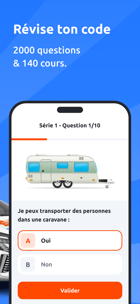 Mobile interface of the En Voiture Simone app showing a driving theory test question with multiple choice options
