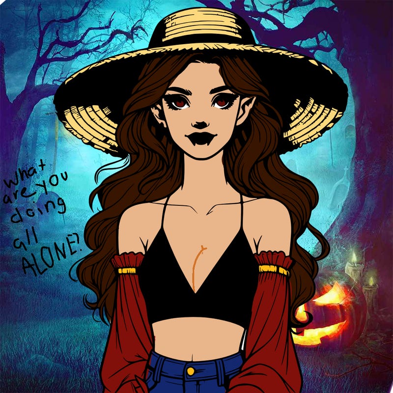 realistic vampire girl with big straw hat and crop top