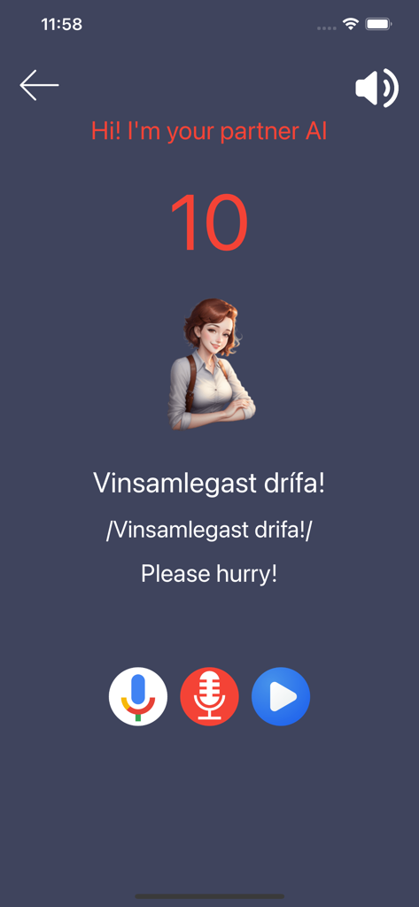 Interfaz de la aplicación Learn Icelandic que muestra una lección con un compañero de IA para la frase Por favor, date prisa con herramientas de pronunciación y grabación de voz