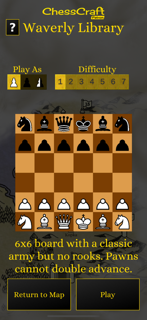 ChessCraft - ChessCraft app screen showing the Waverly Library 6x6 chess variant setup with no rooks.