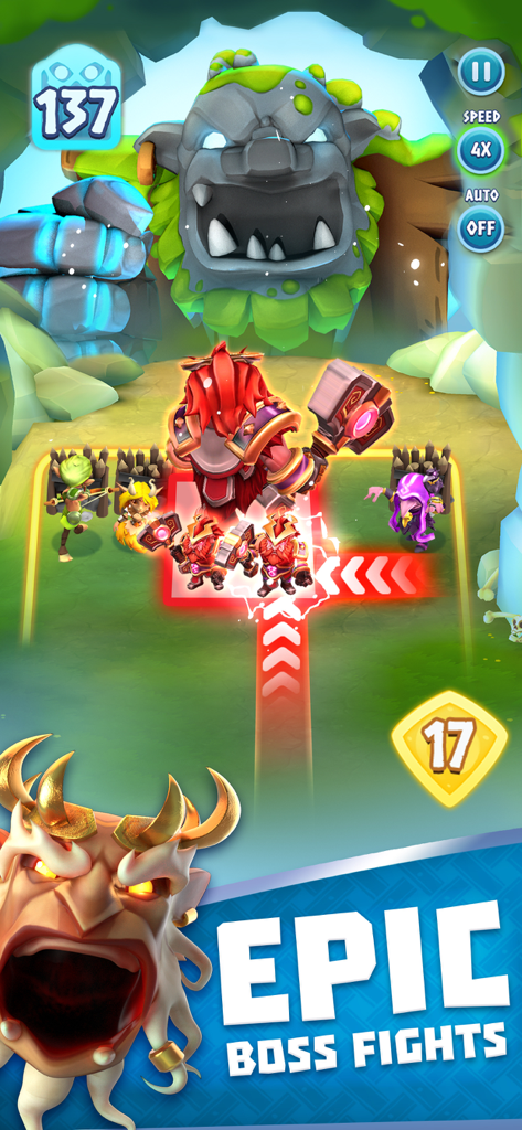 Strategic RPG combat against a giant stone boss in Legend of Solgard