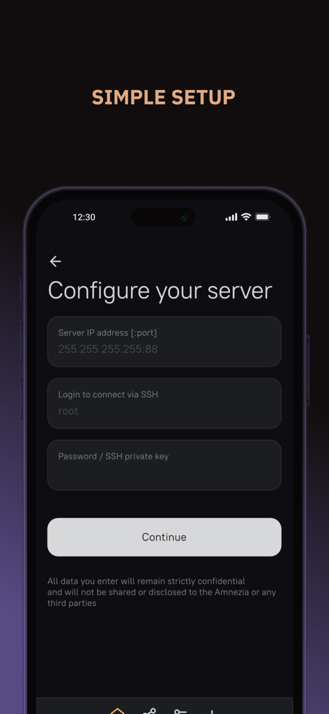 AmneziaVPN - Interface of AmneziaVPN showing the simple setup screen for configuring a personal VPS server with IP and SSH login.