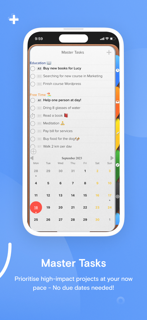 Opus One: Digital Planner - Opus One Digital Planner interface showing the Master Tasks list and monthly calendar view on iPhone