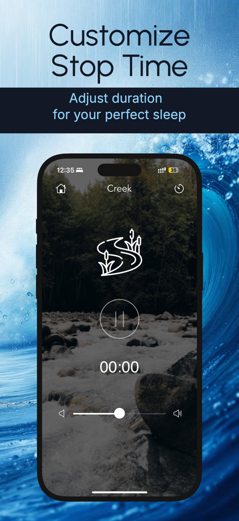 Relaxing Nature Sleep Sounds - Interfaz mostrando la función de temporizador de parada personalizable con un fondo de sonido de naturaleza de arroyo.
