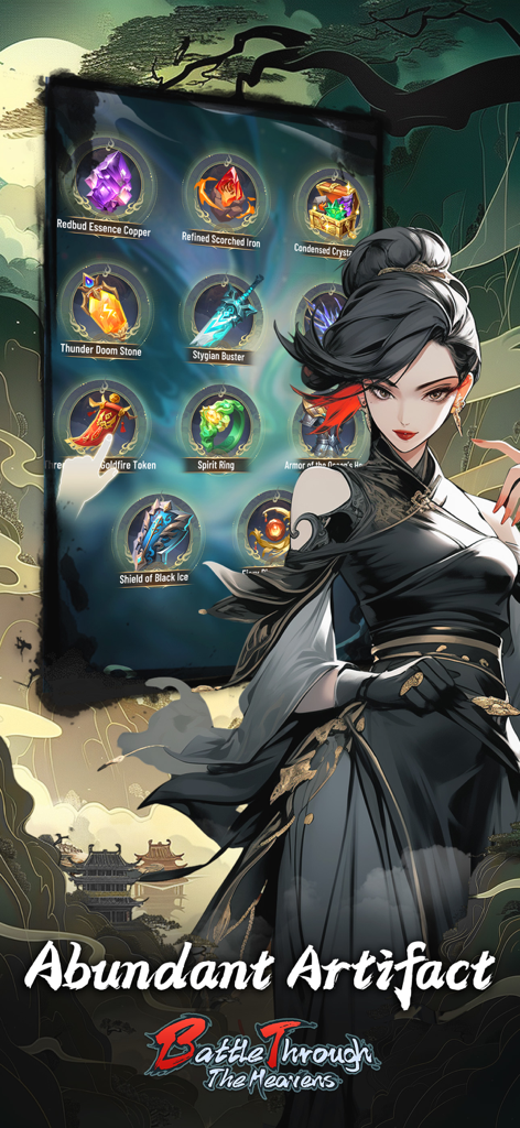 Schermata di gioco di Battle Through the Heavens RPG che mostra vari artefatti potenti e un personaggio femminile in abiti da coltivazione