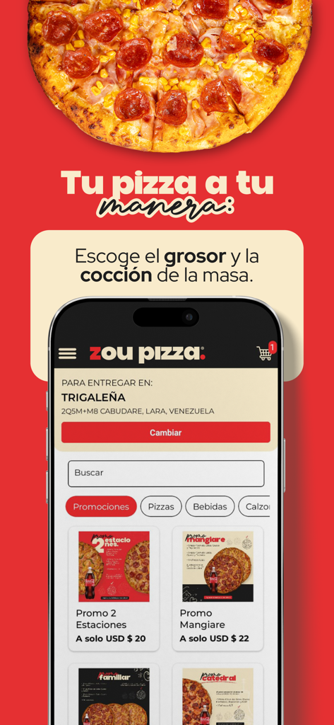 Zou Pizza - Interface de l'application Zou Pizza montrant les catégories de menu et les offres promotionnelles de pizza