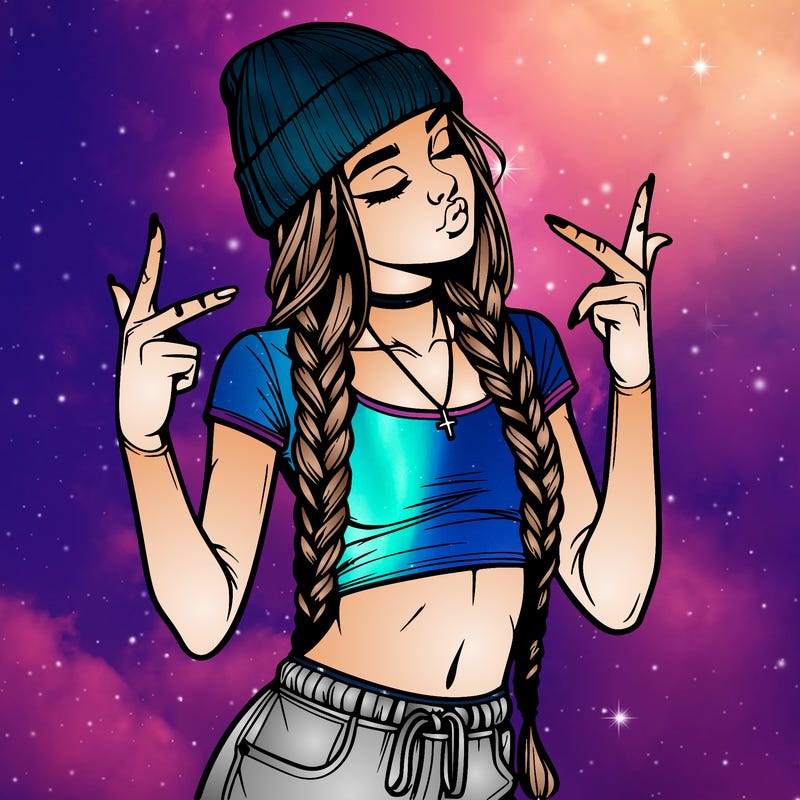 realistic teenage girl with braids and a beanie and crop top doing 🫶🏼