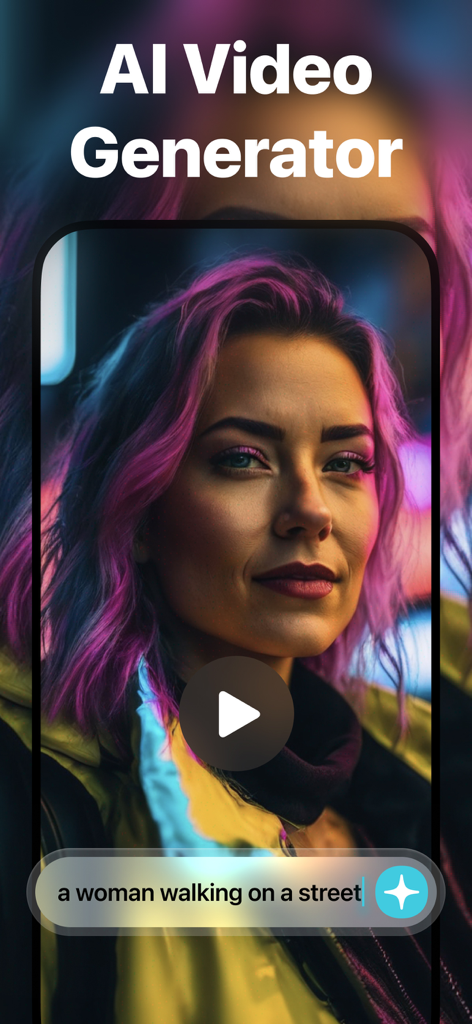 Interfaz de la aplicación VidAI que muestra un vídeo generado por IA de una mujer con pelo morado y una barra de indicaciones de texto