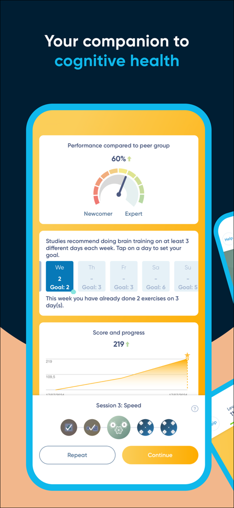 NeuroNation app interface displaying cognitive performance benchmarking and mental progress tracking dashboard