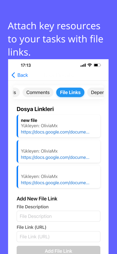 GanttMaster - Manage Projects - GanttMasterアプリのモバイルインターフェース。添付ファイルリンクのリストと、プロジェクトタスクに新しいドキュメントリソースを追加するための入力フォームを表示。