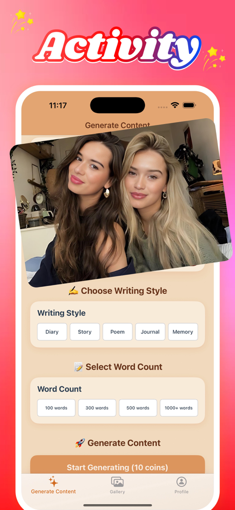 Peego - Interface of the Peego app showing options for choosing writing styles and word counts to generate AI stories from photos.