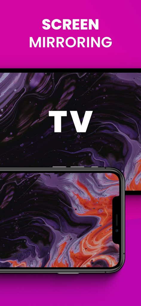 Screen Cast Mirroring・Smart TV - Un iPhone reflétant un motif liquide abstrait coloré sur l'écran d'une grande smart TV