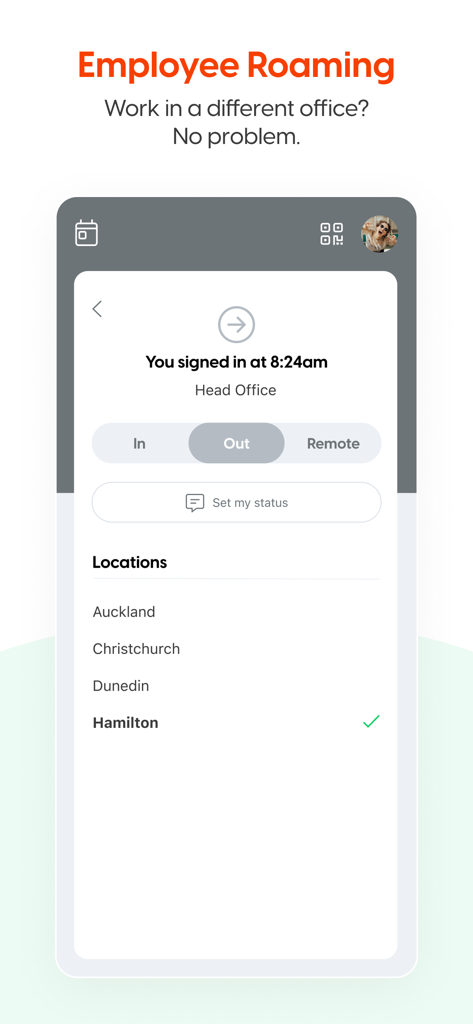 SwipedOn Pocket app interface showing employee roaming and office location selection