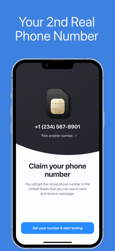 Écran de l'application mobile montrant l'option pour réclamer un deuxième numéro de téléphone virtuel aux États-Unis