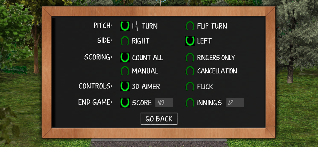 Horseshoe Pitch-A-Rama - A chalkboard settings menu in Horseshoe Pitch-A-Rama for selecting pitch type, scoring rules, and controls.