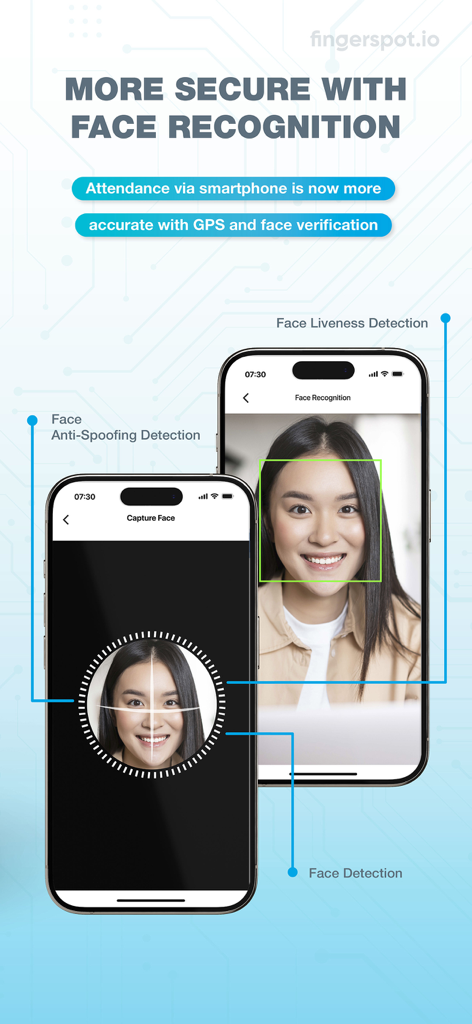 Fingerspot online attendance app showing face recognition and liveness detection features for secure mobile check-in.