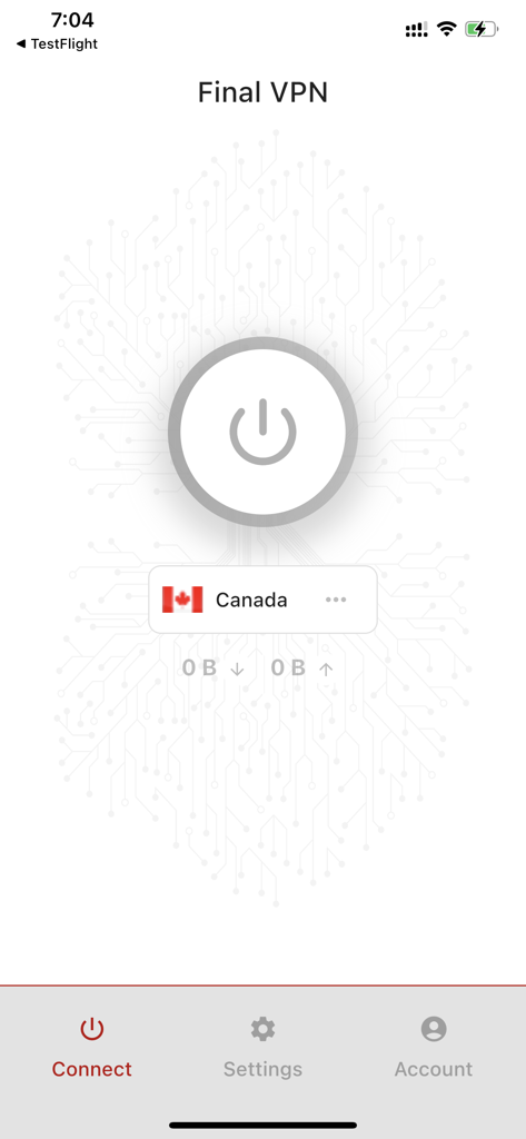 Final VPN app main interface with a large connect button and server selection for Canada.