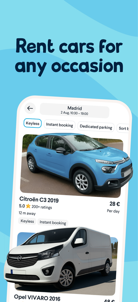 Amovens mobile App-Oberfläche, die Mietwagenangebote mit schlüssellosen und sofortigen Buchungsoptionen anzeigt.