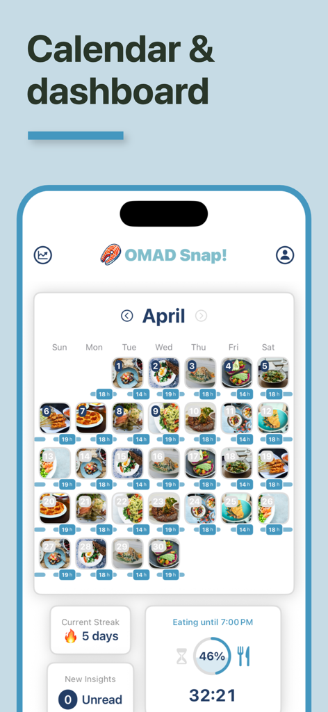 OMAD Snap app calendar showing a monthly visual meal journal and fasting dashboard