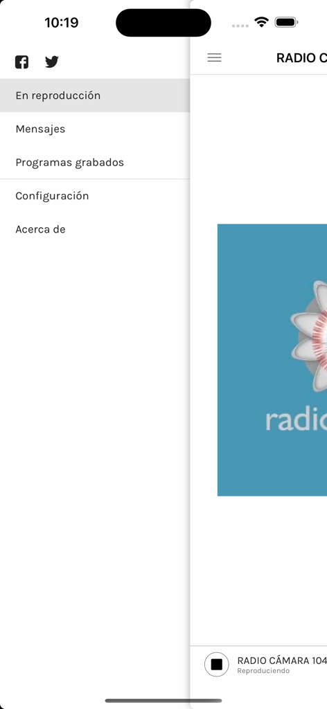 Radio Cámara - Sidebar navigation menu of the Radio Camara application.