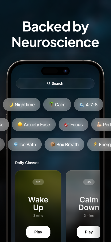 Breathwrk app interface featuring daily breathing classes and categories like focus and anxiety ease backed by neuroscience.