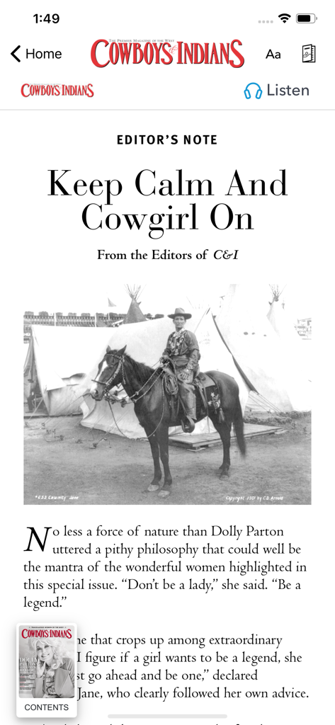 An article page from the Cowboys and Indians Magazine app titled Keep Calm and Cowgirl On featuring a historical photo of a rider on horseback.